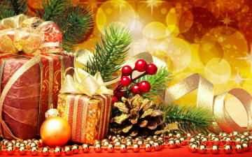 Картинка праздничные подарки+и+коробочки шишка гирлянда шарик ленты ёлка ветка ягоды подарки коробки