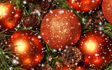Картинка праздничные шары шарики ёлка блики шишки