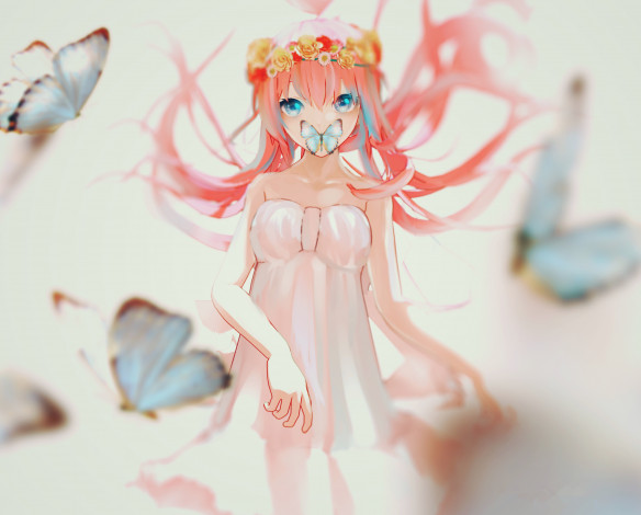 Обои картинки фото аниме, vocaloid, бабочки, взгляд, девочка, арт, megurine, luka