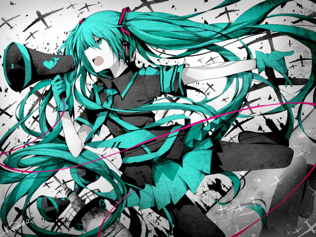 Обои картинки фото аниме, vocaloid, hatsune, miku, peneko, арт, микрофон, девушка