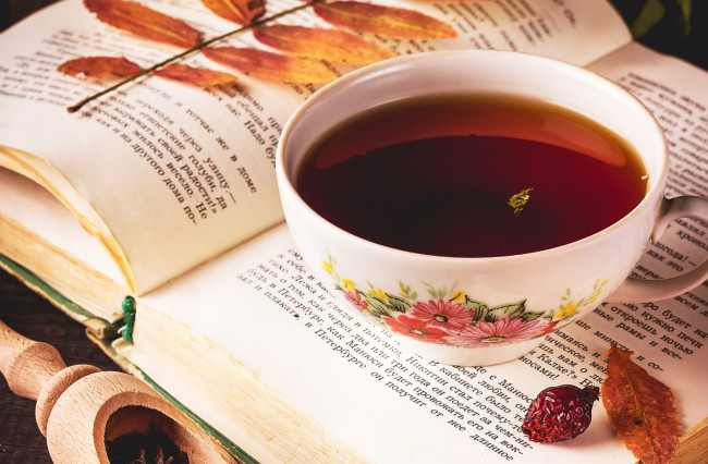 Обои картинки фото еда, напитки,  Чай, настроение, листья, напиток, чай, чашка, книга