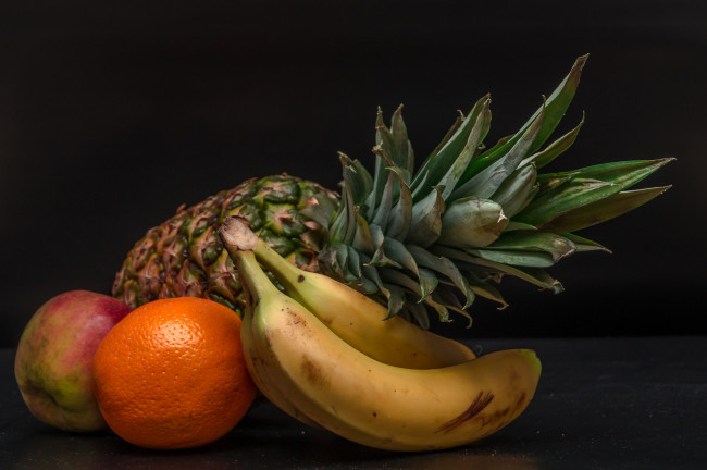 Обои картинки фото еда, фрукты,  ягоды, банан, апельсин, яблоко, ананас