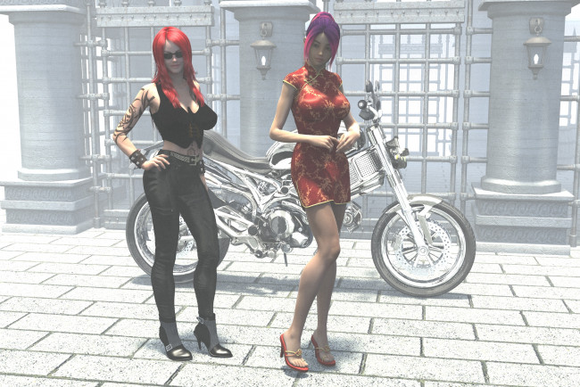 Обои картинки фото мотоциклы, 3d, мотоцикл, фон, взгляд, девушки
