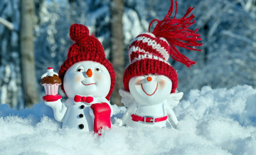 обоя праздничные, снеговики, фигурки, снег