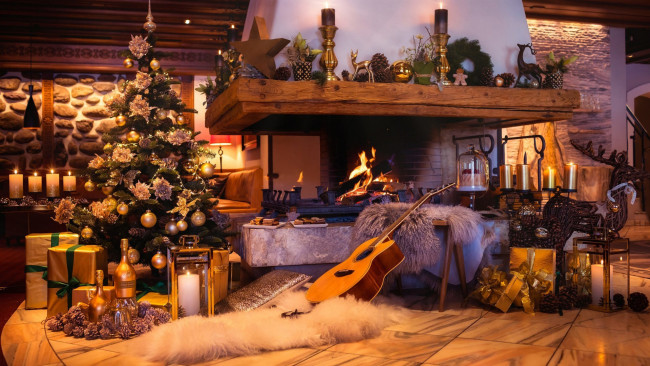 Обои картинки фото праздничные, новогодний очаг, гитара, свечи, камин, елка