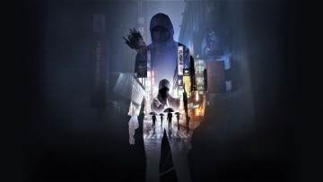 обоя видео игры, ghostwire,  tokyo, фигура, оружие, призраки, улица, дома