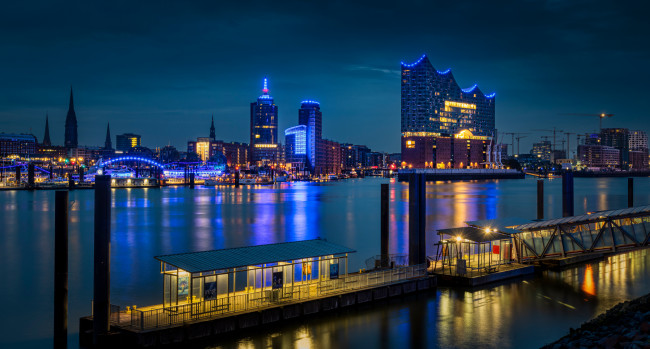 Обои картинки фото города, гамбург , германия, гамбург, река, огни, здания, ночь