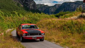 Картинка ford+mustang автомобили mustang красный дорога горы трава цветы лес