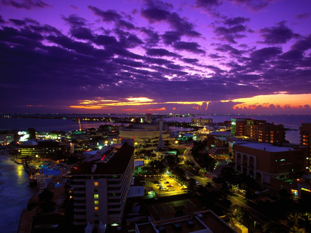 Обои картинки фото cancun, at, twilight, mexico, города, огни, ночного