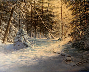 Картинка солнечный день рисованные природа ели пейзаж зимний снег зима лес живопись
