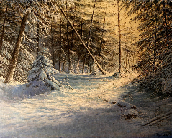 Обои картинки фото солнечный, день, рисованные, природа, ели, пейзаж, зимний, снег, зима, лес, живопись