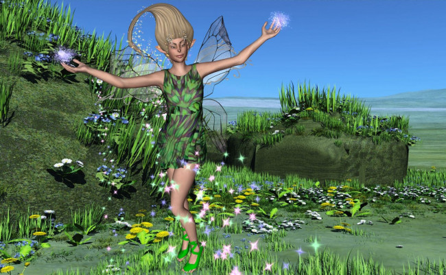 Обои картинки фото 3д, графика, elves, эльфы, трава, цветы, эльф, лето