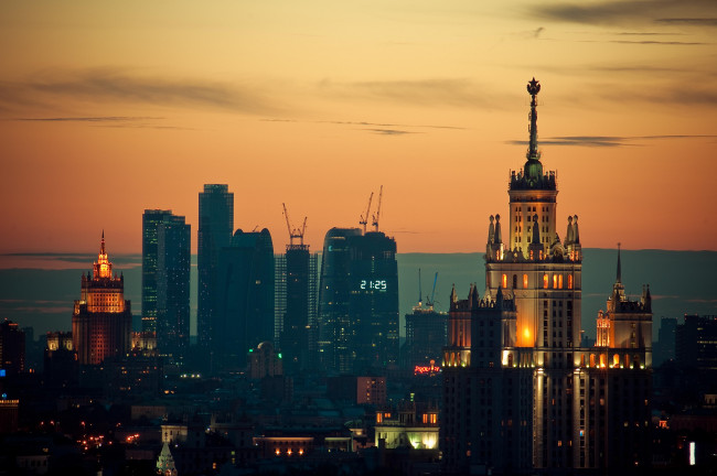 Обои картинки фото города, москва, россия, закат, огни