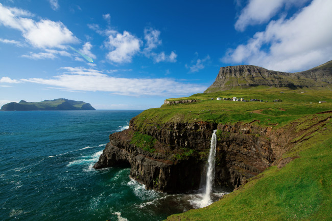 Обои картинки фото gaasedal, v&, 225, ga, faroe, islands, denmark, природа, побережье, атлантический, океан, водопад, дания, фарерские, острова, vаga