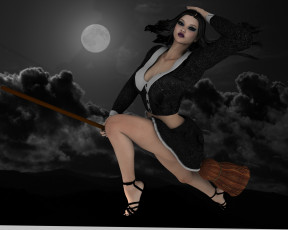 Картинка 3д+графика creatures+ существа девушка метла ночь луна