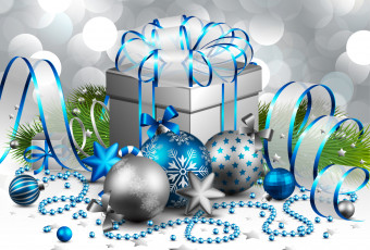 обоя праздничные, векторная графика , новый год, блики, ёлка, бант, подарок, коробка, серебро, гирлянды, звёздочки, шары