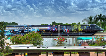 Картинка техника поезда эстакада река парк поезд монорельс