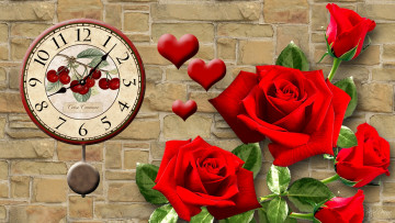 обоя праздничные, день святого валентина,  сердечки,  любовь, часы, розы, сердечки, стена