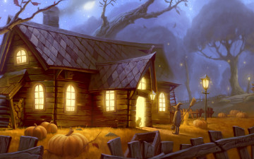 Картинка фэнтези иные+миры +иные+времена helloween ночь дом свет тыквы кот праздник фонарь