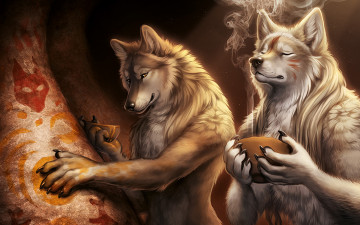 Картинка фэнтези существа волки оборотни краска дерево рисунок символ