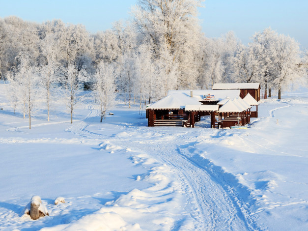 Обои картинки фото природа, зима, деревья, дома, снег