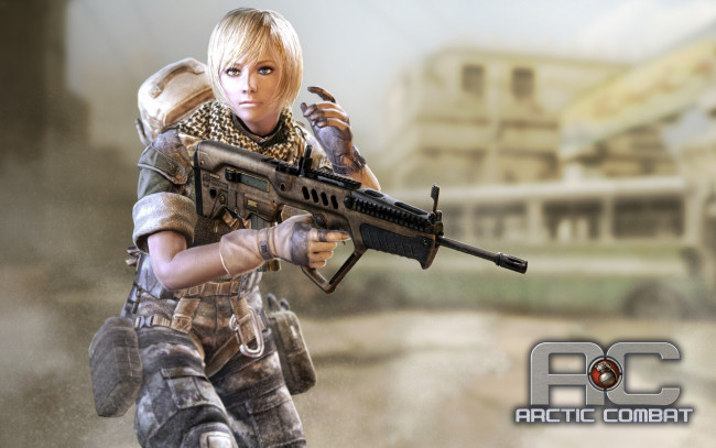 Обои картинки фото arctic combat, видео игры, - arctic combat, девушка, автомат, оружие, солдат