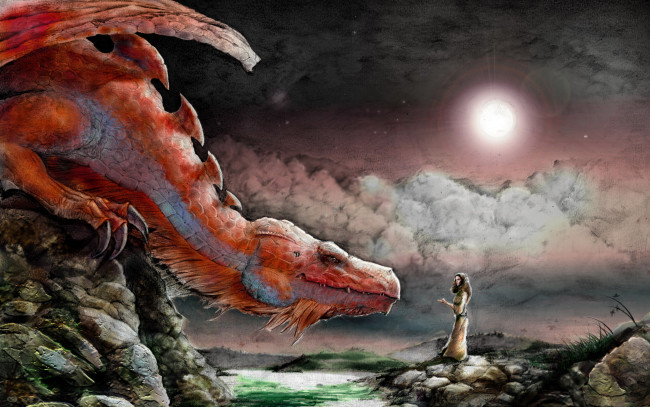Обои картинки фото фэнтези, красавицы и чудовища, дракон, девушка, скала, ночь, полная, луна