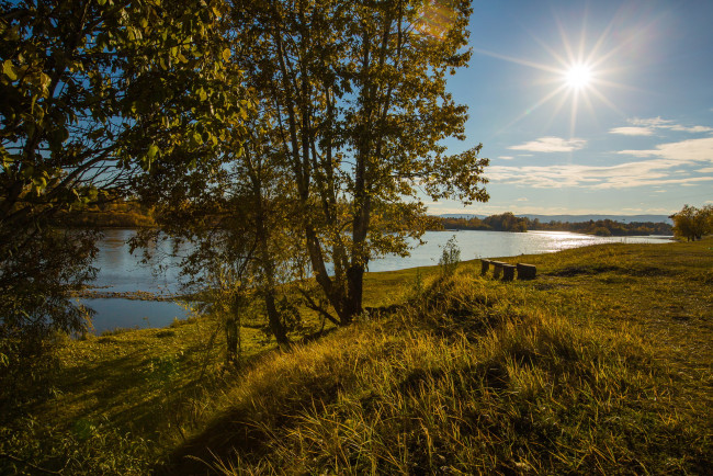 Обои картинки фото природа, реки, озера, река3, иркут, россия, трава, скамеки, деревья, солнце, пейзаж