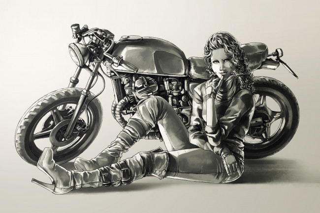 Обои картинки фото рисованные, люди, мотоцикл, сапоги