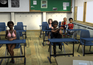 Картинка 3д+графика люди+ people взгляд девушки столы класс стулья фон