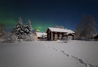 Картинка города -+здания +дома зима снег ночь звезды северное сияние дома посёлок