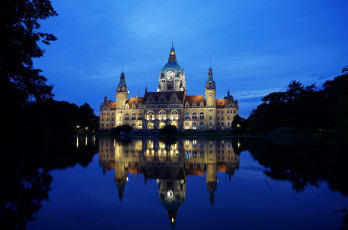 Картинка новая+ратуша+в+ганновере++германия города -+огни+ночного+города ночь фонтан германия ганновер ратуша