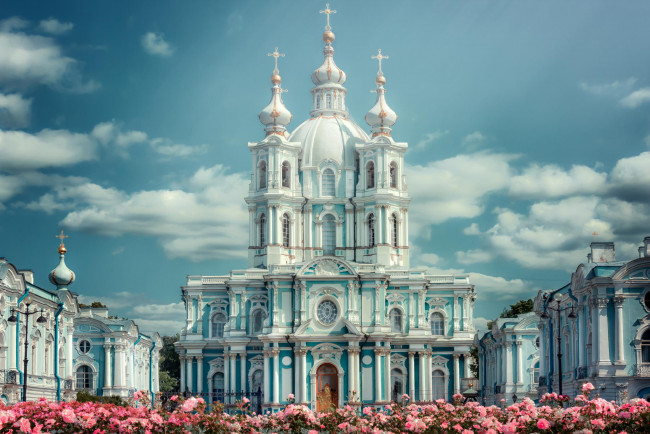 Обои картинки фото города, - православные церкви,  монастыри, санкт-петербург, смольный, монастырь, питер, st, petersburg, россия, russia, spb, спб, собор, цветы