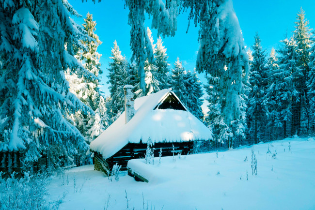 Обои картинки фото природа, зима, польша, хижина, лес, снег