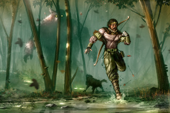 Картинка фэнтези существа воин лучник деревья лес бег монстр испуг