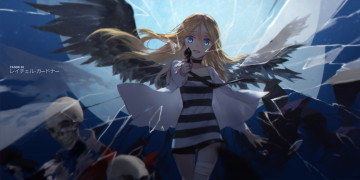Картинка аниме ангелы +демоны пистолет осколки девушка бинт swd3e2 ангел арт крылья черепа скелет оружие