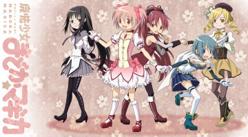 обоя аниме, mahou shoujo madoka magika, девушки, взгляд, фон