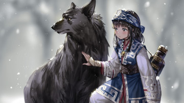 Картинка аниме животные +существа девочка волк
