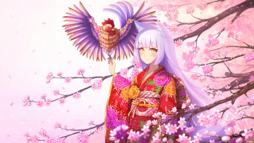 Картинка аниме животные +существа сакура девушка лепестки ушки вода дерево кимоно улыбка rizihike ветви арт петух цветы