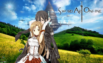 обоя аниме, sword art online, девушка, взгляд, фон, парень