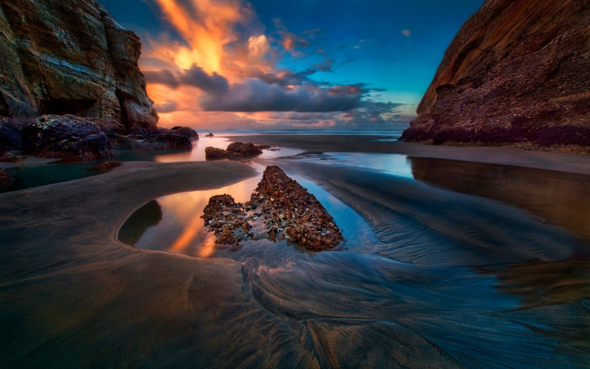 Обои картинки фото природа, побережье, песок, берег, закат, скалы, море, облака, небо