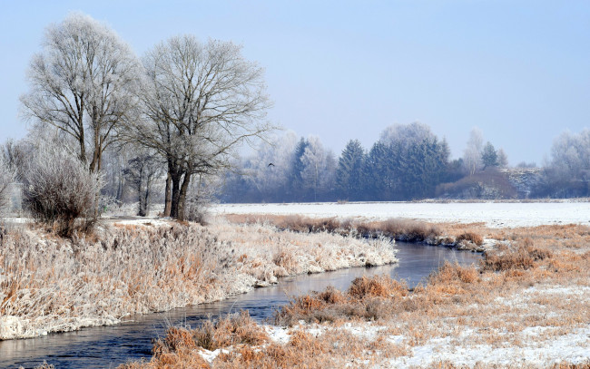 Обои картинки фото природа, зима, иней, деревья, река