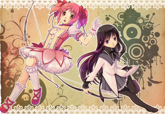 Обои картинки фото аниме, mahou shoujo madoka magika, фон, взгляд, девушки