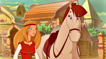 Картинка календари кино +мультфильмы девушка 2018 изба лошадь взгляд