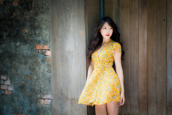 Картинка девушки -unsort+ азиатки женщины модель брюнетка длинные волосы глядя в сторону желтое платье стена кирпичи