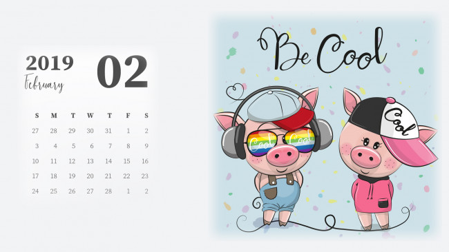 Обои картинки фото календари, рисованные,  векторная графика, поросенок, наушники, очки, свинья, бейсболка
