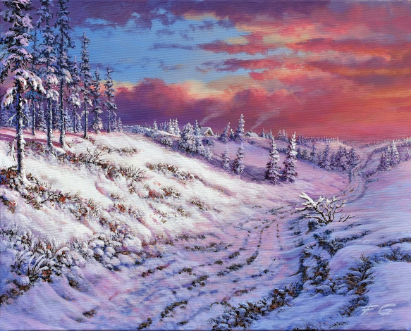 Обои картинки фото рисованное, живопись, закат, облака, деревья, снег, зима, овраг
