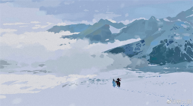 Обои картинки фото аниме, mo dao zu shi, вэй, усянь, лань, ванцзы, флейта, ослик, снега, горы, путешествие