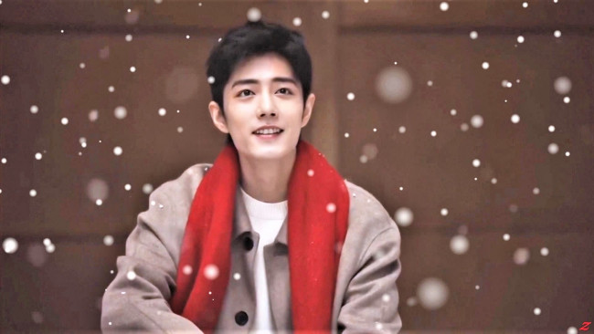 Обои картинки фото мужчины, xiao zhan, актер, пальто, шарф, снег