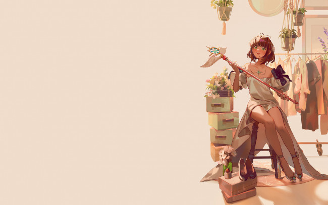 Обои картинки фото аниме, unknown,  другое , девушка, посох, одежда, цветы, коробки